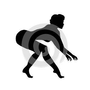 Lady tiptoeing around and trying to catch someone. Woman catches her loyal animal. Vector illustration