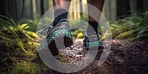 Lady trail runner on a forest path close-up of her trail running shoes. The runner in motion. Generative AI