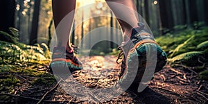 Lady trail runner on a forest path close-up of her trail running shoes. The runner in motion. Generative AI