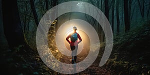 Lady trail runner running on forest path at dawn with abstract bokeh light. Generative AI