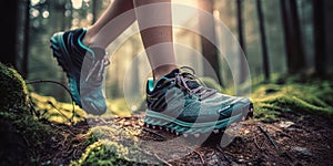 Lady trail runner walking on forest path with close up of trail running shoes. The runner in motion with one foot lifted off the