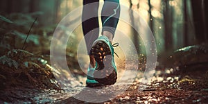 Lady trail runner walking on forest path with close up of trail running shoes. The runner in motion with one foot lifted off the