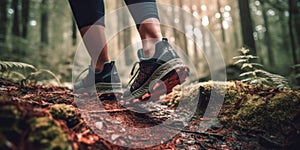 Lady trail runner walking on forest path with close up of trail running shoes. The runner in motion with one foot lifted off the