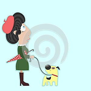 Lady with umbrella walking a dog in good weather.