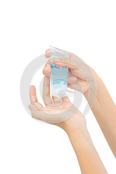 Lady using alcohol gel for hand sanitation