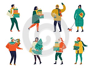 Lady walking with dog carry a Christmas box. Merry Christmas and Happy New Year.Merry Christmas greeting card with people walking