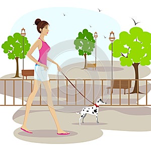Lady walking with pet dog