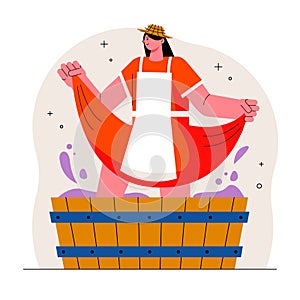 Lady in white apron standing in large wooden basket with berries, crushes grapes