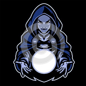 Lady witch mascot with magic glass ball