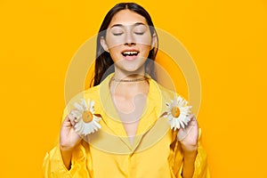 lady woman flower young chamomile portrait smile model yellow pretty happiness