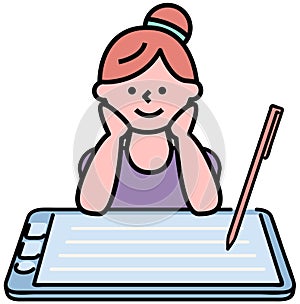 Lady working with tablet to create graphic design. Woman using digital pencil or stylus pen