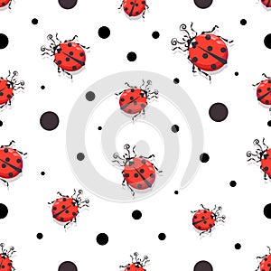 Ladybird. Vector cartoon character. Pattern, background. Cute red ladybugs on white background with a small pot.