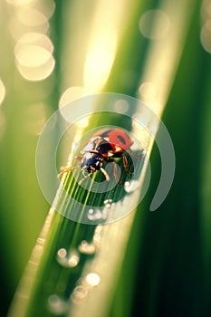 Ladybug Basking in Sunlight on Blade of Grass