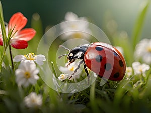 ladybug beetle on springtime vegetation and flowers ladybird insect macro close-up