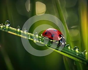 Ladybug on a Blade of Grass in the Summer