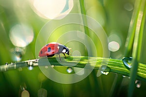 Ladybug on a Blade of Grass in the Summer