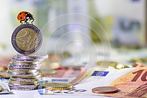 Ladybug on a bunch of european money with coins and bank notes international finance with euro, europe, financial trade