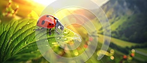 Ladybug close-up, macro photo image of the red bug with black spots, standing on the edge of a green dewy leaf of a tree