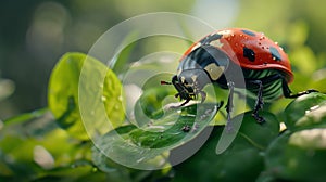 A ladybug (Coccinellidae) with a glossy red shell, black spots, and tiny legs is situated on a vibrant green leaf.