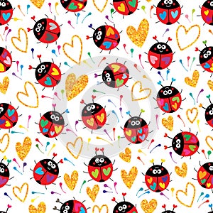 Ladybug colorful gold glitter spread colorful white seamless pattern