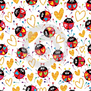 Ladybug colorful gold glitter spread colorful white seamless pattern photo