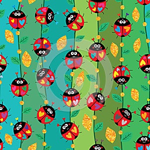 Ladybug colorful vertical line gold glitter seamless pattern