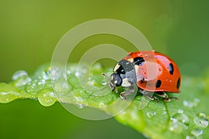 ladybug crawling on a dewcovered green leaf photo