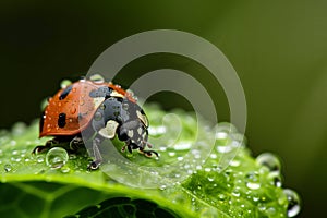 ladybug crawling on a dewcovered green leaf photo