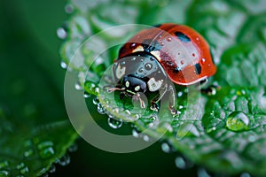 ladybug crawling on a dewcovered green leaf photo