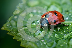 ladybug crawling on a dewcovered green leaf photo