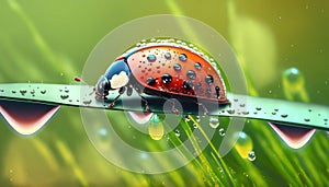 Ladybug crawling on a wet leaf