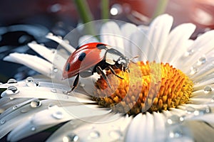 Ladybug on daisy flower and water drops, abstract background. AI generated.