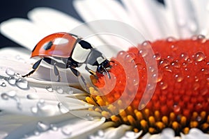 Ladybug on daisy flower and water drops, abstract background. AI generated.