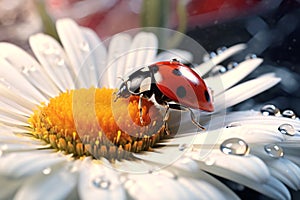 Ladybug on daisy flower and water drops, abstract background. AI generated.