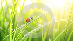 Ladybug on Dewy Grass in Morning Sunlight