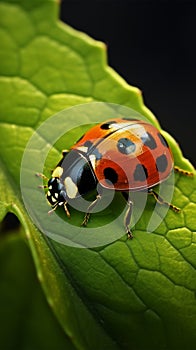 Ladybug explores a green leafs edge in a delicate balancing act