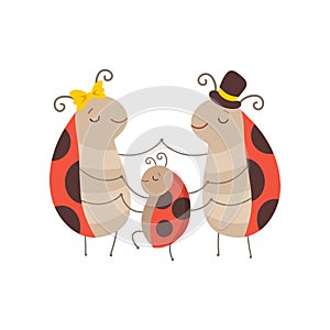 Ladybug Family, Cheerful Mother, Father Ladybugs and Their Baby Holding Hands, Cute Cartoon Insects Characters Vector