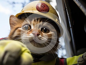 Ladybug firefighter rescues toy cat stuck in tree