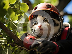 Ladybug firefighter rescues toy cat stuck in tree