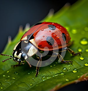 Ladybug on a green leaf, AI Macro photography