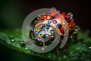 Ladybug on a green leaf with water drops, macro