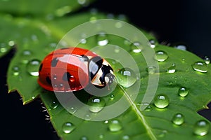 Ladybug insect crawling on leaf covered with raindrops