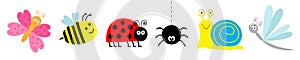 Ladybug, ladybird, bee, dragonfly, butterfly, spider, snail. Cute cartoon kawaii funny insect set line. White background. Isolated