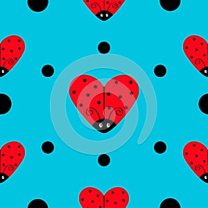 Ladybug Ladybird icon set. Heart shape. Baby collection. Funny kawaii baby insect. Black dots. Seamless Pattern Wrapping paper, te