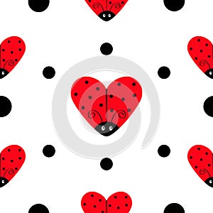 Ladybug Ladybird icon set. Heart shape. Baby collection. Funny kawaii baby insect. Black dots. Seamless Pattern Wrapping paper, te