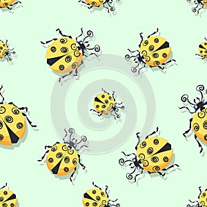 Ladybug, ladybird. Pattern. Vector cartoon character. Cute yellow ladybugs on a light green background.