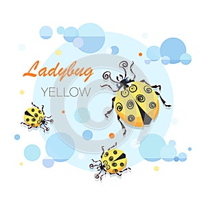 Ladybug, ladybird. Vector cartoon character. Emblem. Cute yellow ladybugs on a background of the sky with clouds.