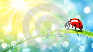 Ladybug on Dewy Grass Blade in Sunlight