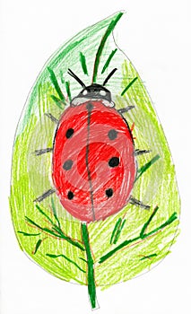 Ladybug on leaf. child drawing.