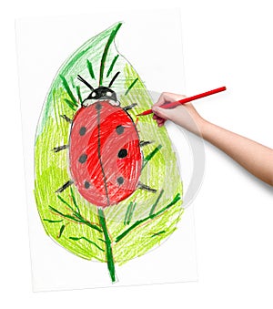 Ladybug on leaf. child drawing.